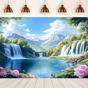 Oversized Polyester Wall Tapestry - 1pc Spring-Themed Fairyland Mountain Scene, Decoration Items with Easy Hanging, Power-Free, Ideal for Garden Backdrops & Home Festive Party Supplies