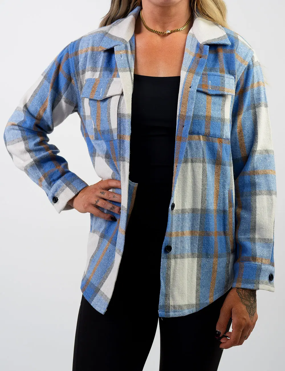 Powder Blue Shacket, Casual Women's Top & Jacket, Plaid Powder Blue Shacket, Casual Women's Top & Jacket, Plaid