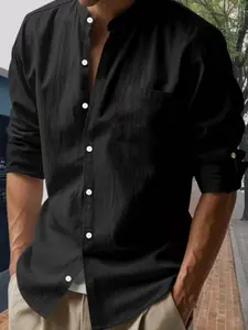 Men's Solid Color Basic Cotton Linen Henley Neck Shirt, Regular Fit Casual Breathable Long Sleeve Top for Summer, Men's Clothes for Daily Wear