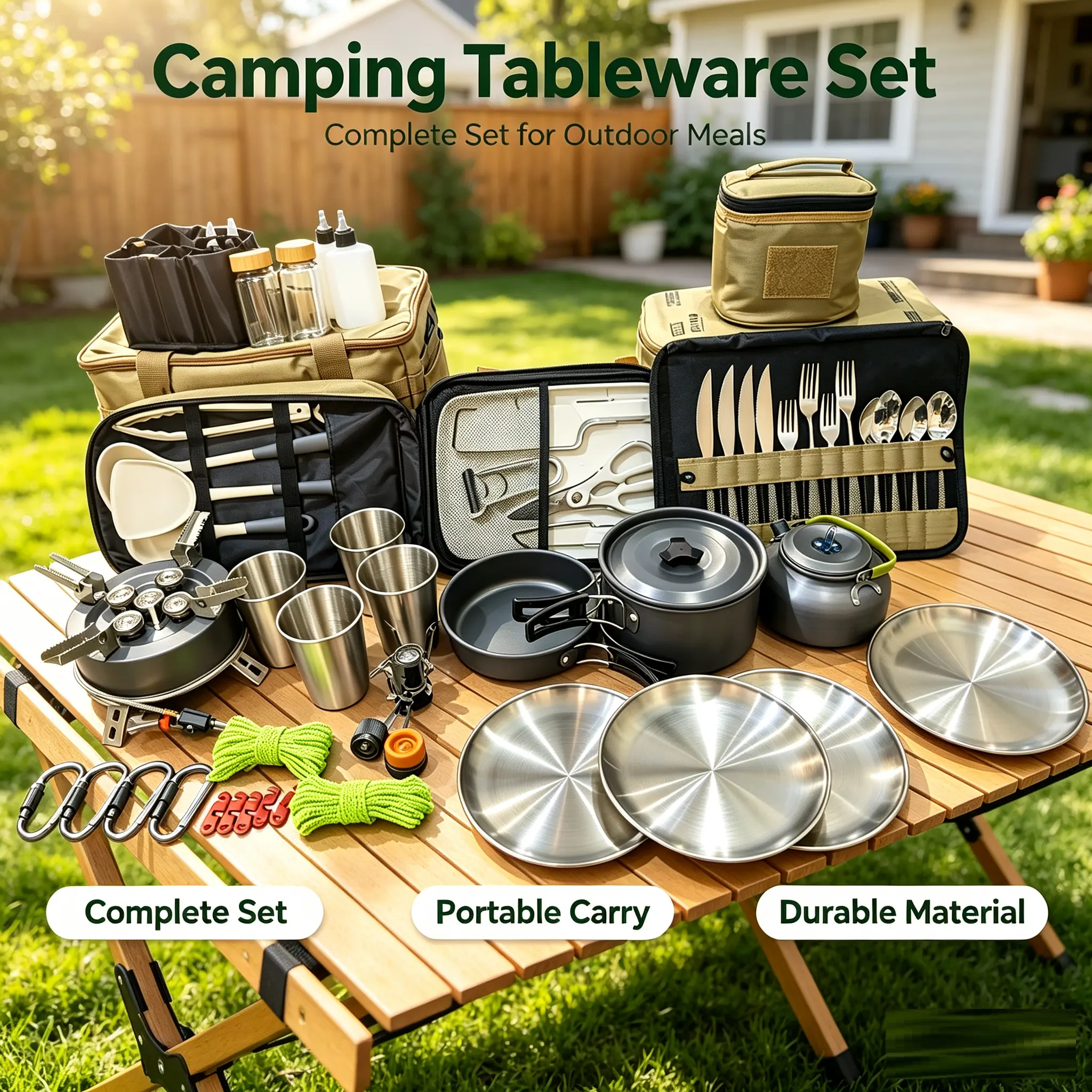57-Pieces All-in-1 Compact Camp Kitchen Kit with Storage Bag, Gas Stove, Pots, Utensils, Tent Accessories, Compass - Cool Outdoor Stuff, Ideal for Hiking, Camping