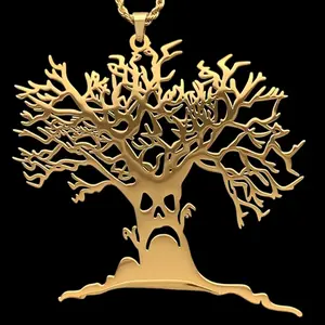 Haunted Mound Harold Tree Necklace 3" Gold Plated Stainless Mirror Polished Steel Hauntaholics Sematary Pendant with Laser Cut Design & Choice of Chain Free Gift Included