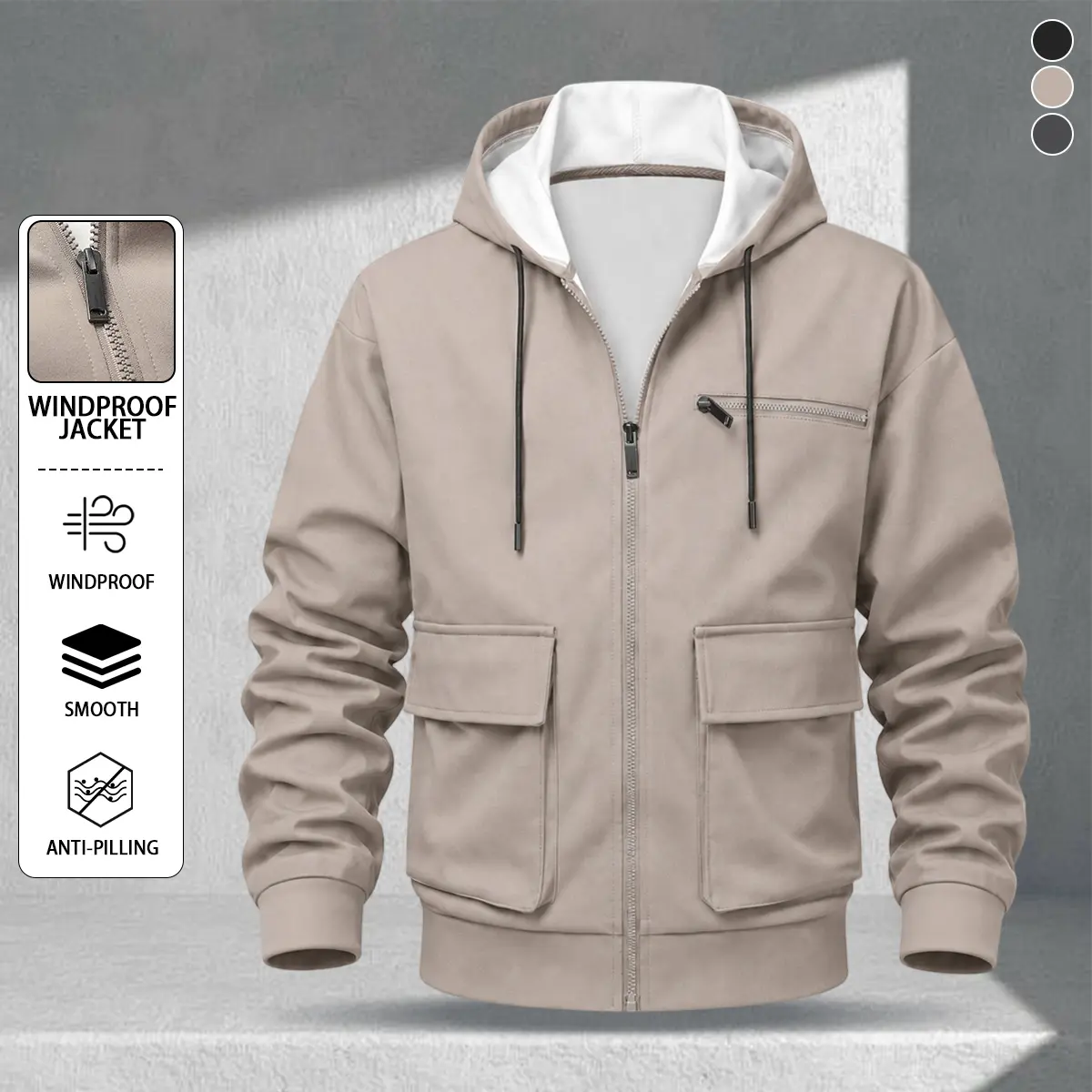 Men’s khaki hooded cargo windbreaker jacket with adjustable drawstring hood, large dual cargo pockets at the hem, anti-pilling woven fabric; versatile casual commuter hoodie for spring and autumn.