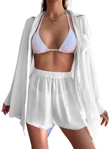 Women’s 2-Piece Loose Sunscreen Beach Shirt & Pants Set, Swim Cover Ups, Bathing Suit Covers for Casual Summer Vacation Beachwear