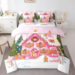 Gingerbread House Comforter Set with Sheets Bed in a Bag 7 Pcs,Cartoon Christmas Trees Snowman Bed Set,Girly New Year Bedding Set,with Comforter,Flat,Fitted Sheet,Pillowcases,Pillow Covers
