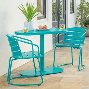 3 Piece Bistro Set, Iron Outdoor Table and 2 Chairs, Weather Resistant with Slat Seating, for Patio Garden, Teal