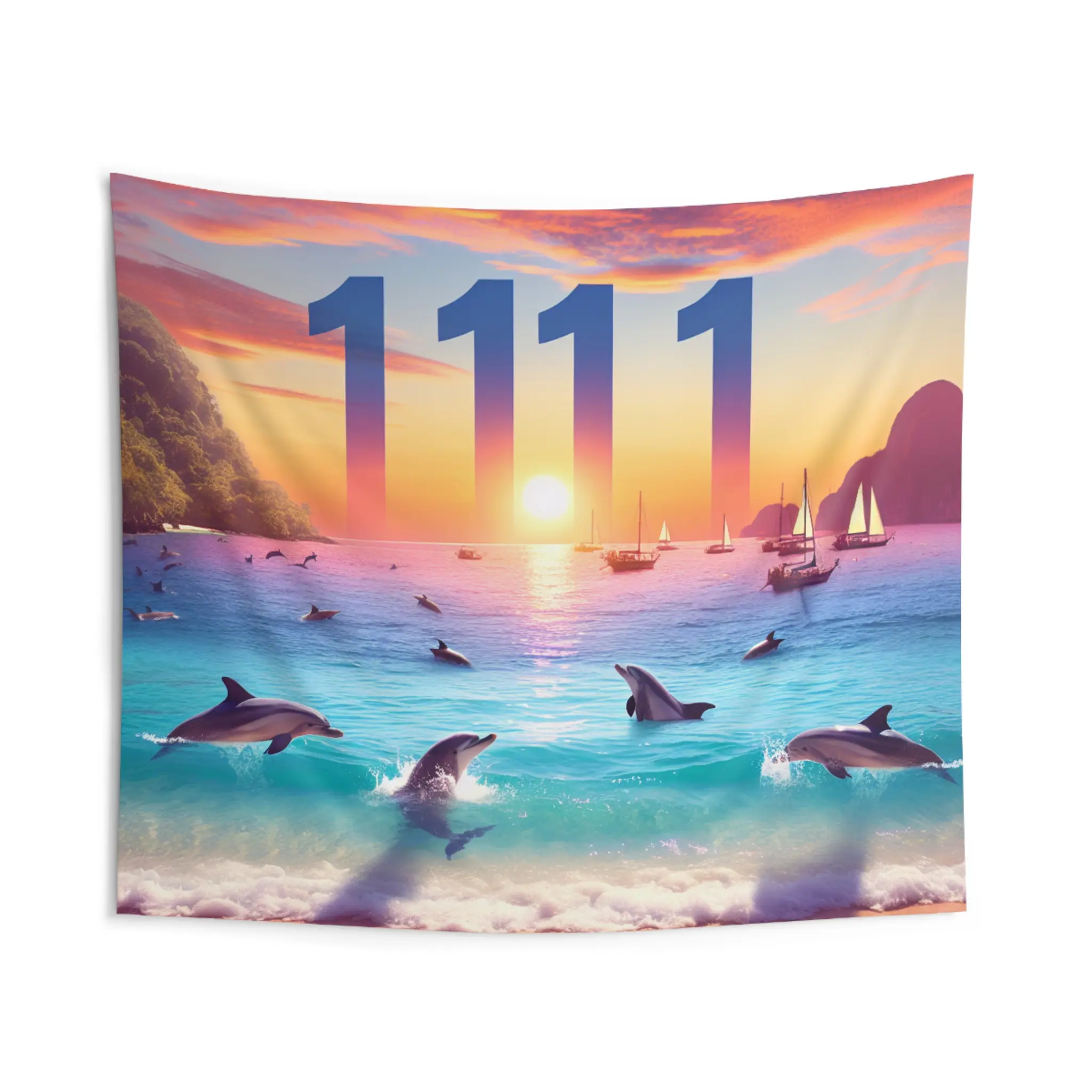 Tropical Beach Dolphin Sailboat Sunset Wall Tapestry with Angel Number 1111, Positive Mindset Reminder, Visualization Goals Gift Decor
