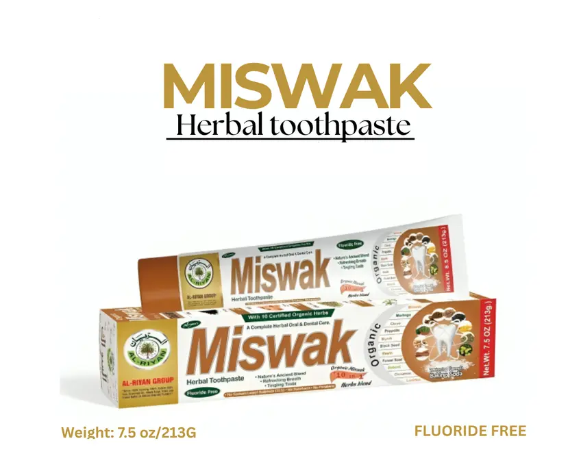 Organic Miswak Herbal Toothpaste - 10-in-1 Natural, Fluoride-Free Oral Care Toothpaste, 7.5 oz Daily Halal