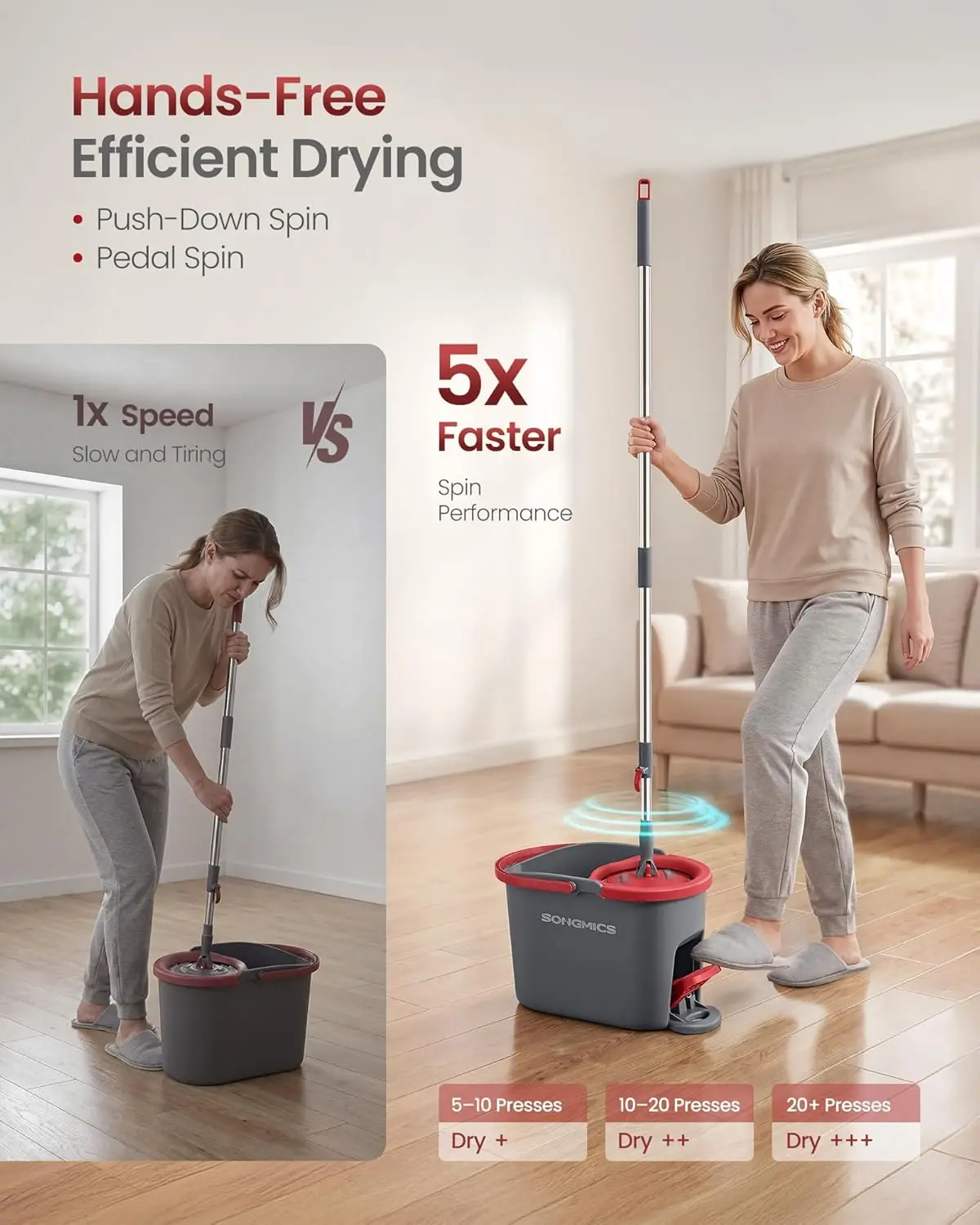 SONGMICS Spin Mop and Bucket Set with Pedal Wringer, Floor Cleaning Mop, Adjustable Telescopic Handle, Max. 59.1-Inch Length, 360° Rotating Head, 4 Microfiber Pads, Gray and Red ULMB002GT04