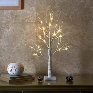 Lighted Birch Tree Christmas Decorations for Home, White Birch Tree with Lights, 24 LED Lighted Mini Money Tree Twig Tree Battery Operated with Timer, Indoor Table Centerpiece Decor