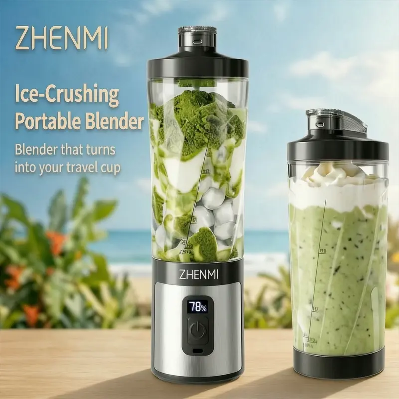 ZHENMI Compact Handheld Dual-Use Button-Activated Mini Blender - 70W Power, 7.4V, 20oz Leakproof Travel Cup, Digital Timer & Display, USB-C Rechargeable, Ice-Crushing, Dishwasher Safe, BPA-Free, Multi Use Blending for On-the-Go Needs