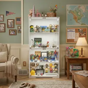 BROTTAR  3 Color Lights Display Cabinet with Pop-Up Tempered Glass Doors， 4-Tier Storage Cabinet with 2 Optional Wood Shelves， Modern Style Suitable for Collectibles&Figurines，Glass Cabinet for Living Room, Bedroom，White