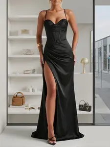 Women Black Satin Corset Maxi Dress Spaghetti Strap Backless Lace Up High Split Bodycon Long Dress Elegant Evening Gown Sexy Party Cocktail Dress Wedding Guest Formal Night Out Holiday Outfit Slim Fit Dress