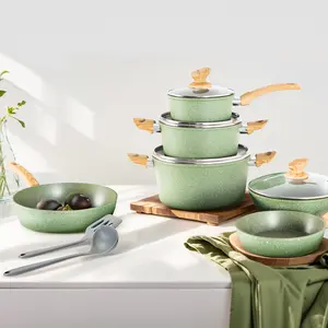 Kitchen Academy Granite Pots and Pans Set Non Stick 12 Piece Cast Induction Cookware Set Green Nonstick Kitchen Cooking Set w Frying Pans Saucepans PFOS PFOA PFAS PTFE Free Silicone Steel Steel Aluminium Glass Glass Lid Stove Stove