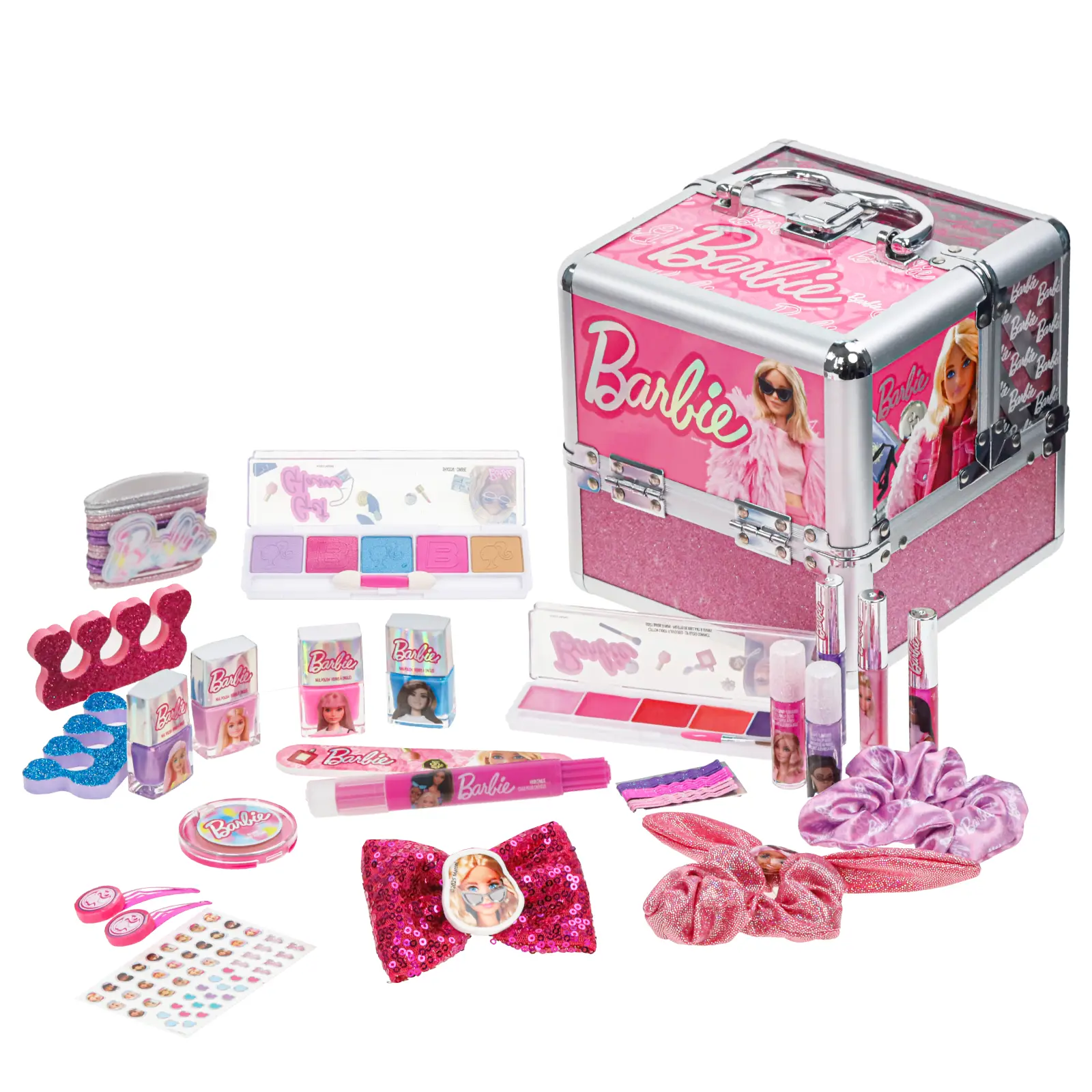 Barbie Kids Vanity Train Case Pretend Play Beauty Toy Playset for Girls Ages 3+, Includes Kid Makeup (Lip Gloss, Eyeshadow, Nail Polish), Hair Accessories, Ideal for Parties, Party Favors, Holidays