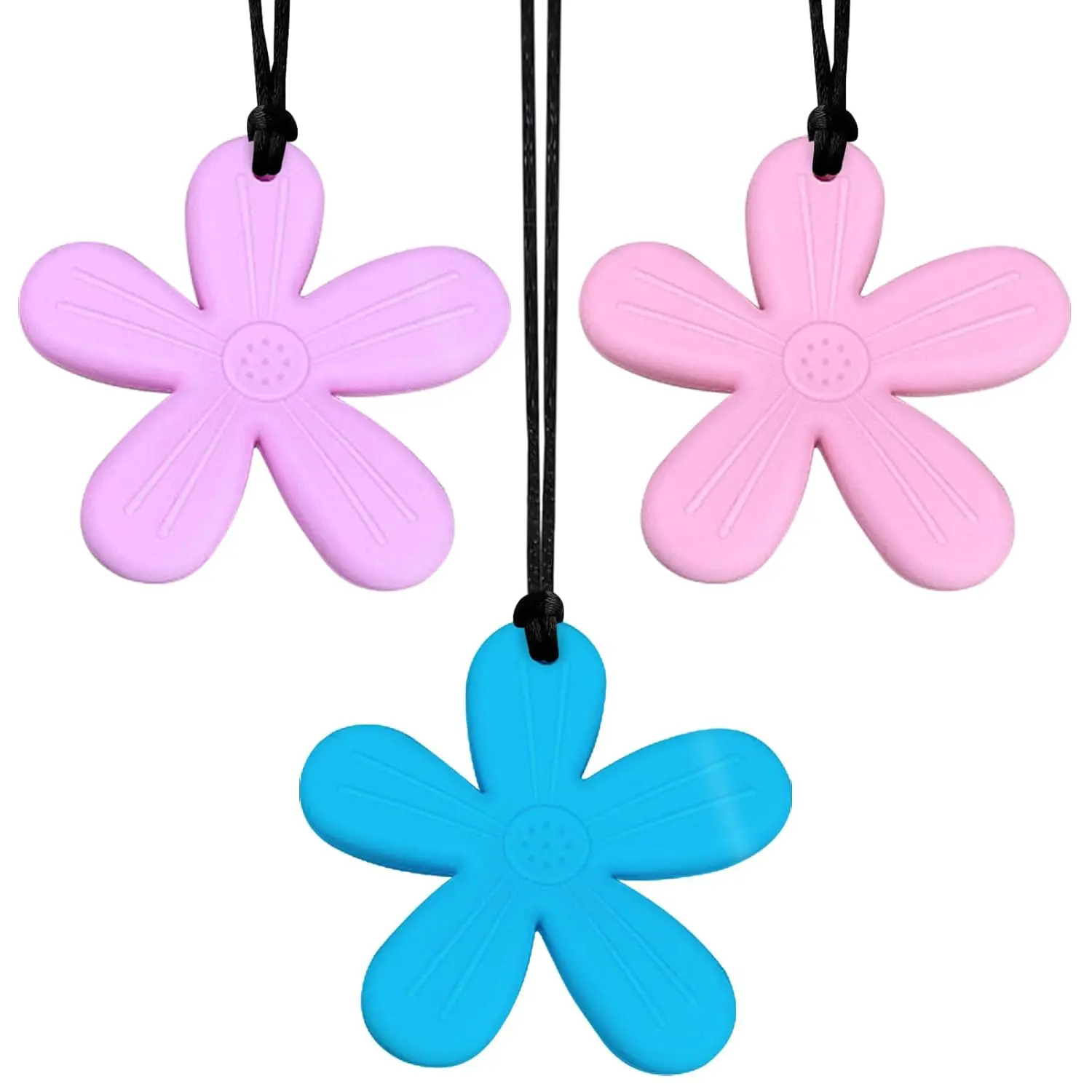 Casual Flower Shape Chew Necklaces, 3-Pack Silicone Pendants for Kids & Adults, Short Length Unisex Use Sensory Tool with Detachable Cord for Teething, Food-Grade Silicon, 6.5Cm*6.5Cm, All Special Needs