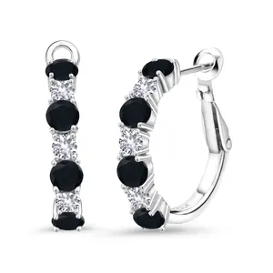 925 Sterling Silver Black Onyx and White Created Sapphire Hoop Earrings For Women (2.54 Cttw, Gemstone December Birthstone, Round 4MM and 3MM)