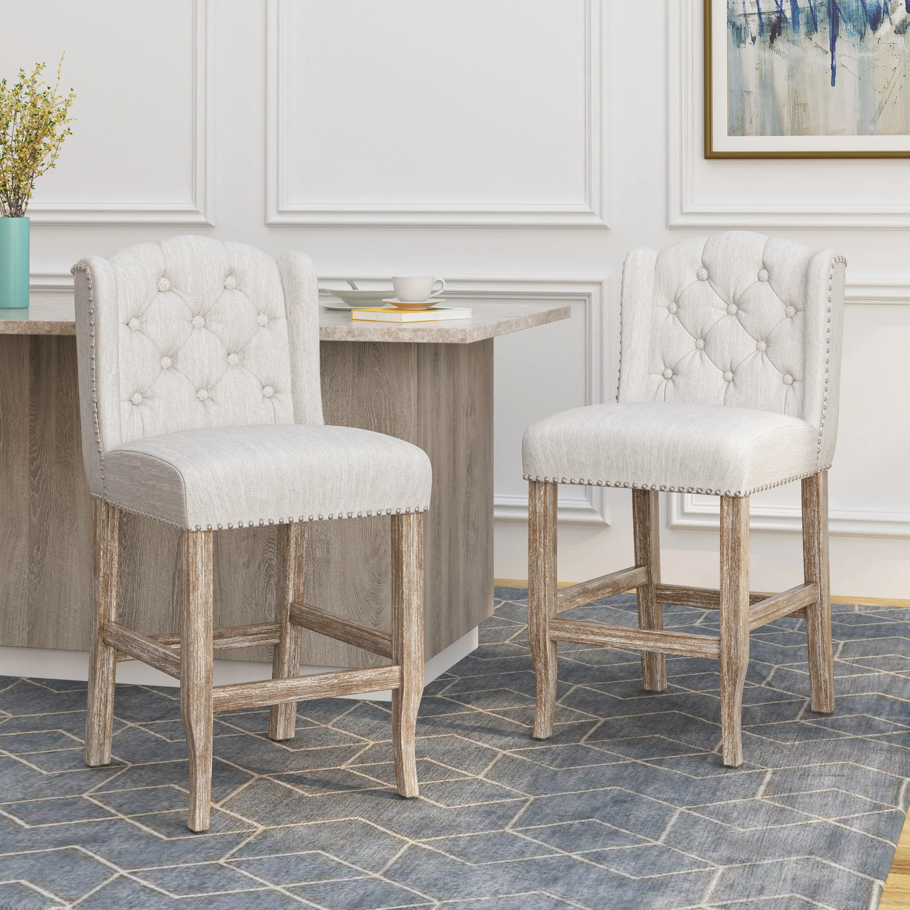 Vienna Contemporary Fabric Tufted Wingback Counter Stools Set of 2 Beige 26.78'' Seat Height Bar Stools for Kitchen Island Living Room Home Bar Furniture, Home Furniture and Household Product Search Terms for US Online Shopping
