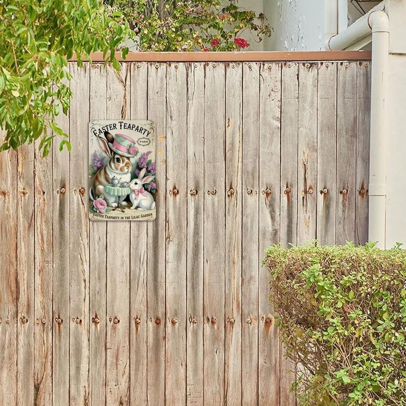 Easter Bunny Tea Party Tin Sign, Vintage Parisian Easter Rabbits Metal Sign Print Aesthetic Room Decoration for Home Bedroom Kitchen Bar Coffee Bathroom Indoor Outdoor Wall Decor, 8 X 12 in