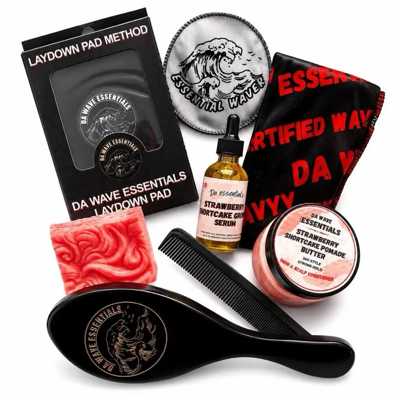 Limited Edition 360 Wave Black-Out Hair Brush Set - Complete Haircare Kit for Curly Hairstyles, Medium Bristles, Natural Styling Oils, Strawberry Shortcake Brush, Wavy-Curly Define Pomade