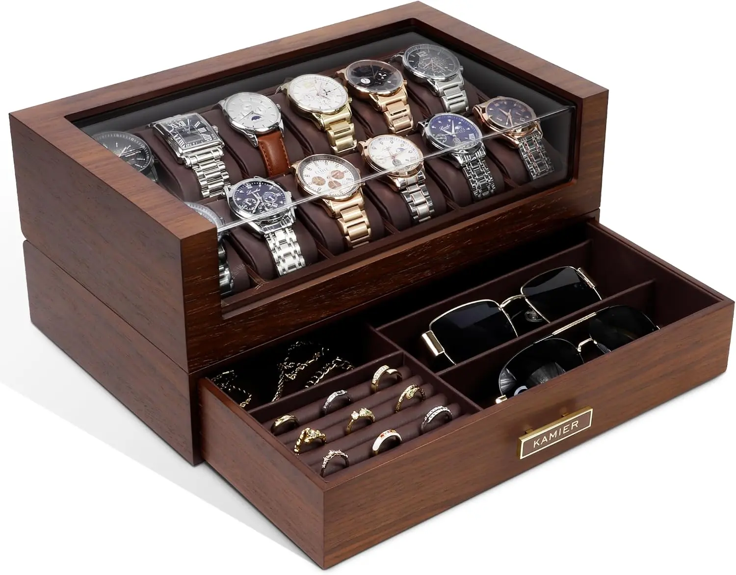 High End Watch Box for Men, 12 Slot Wooden Watch Case With Drawer