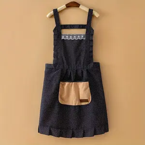 Women's Polka Dot Lace Apron, Waterproof Kitchen Apron with Hand-Wiping Pocket Wipe Adjustable