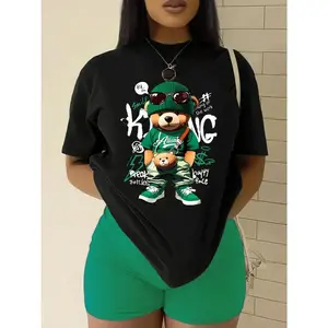 Women'S Casual Bear Graphic T-Shirt, 100% Polyester Knit Fabric, Crew Neck Short Sleeve Top, Regular Length, Alphabet Pattern, All Season Wear