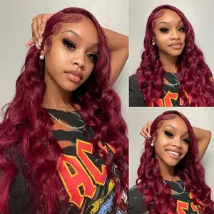 Tahikie 13×6 Full Lace 99J Red Lace Colored Body Wave Wig  Frontal Wig For Women Dyed And Bleached Easily Wavy