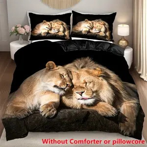 3-Piece Bedding Set, Lion & African Wildlife Print, Soft Comfortable Fabric, Zipper Design, Ideal for Bedroom
