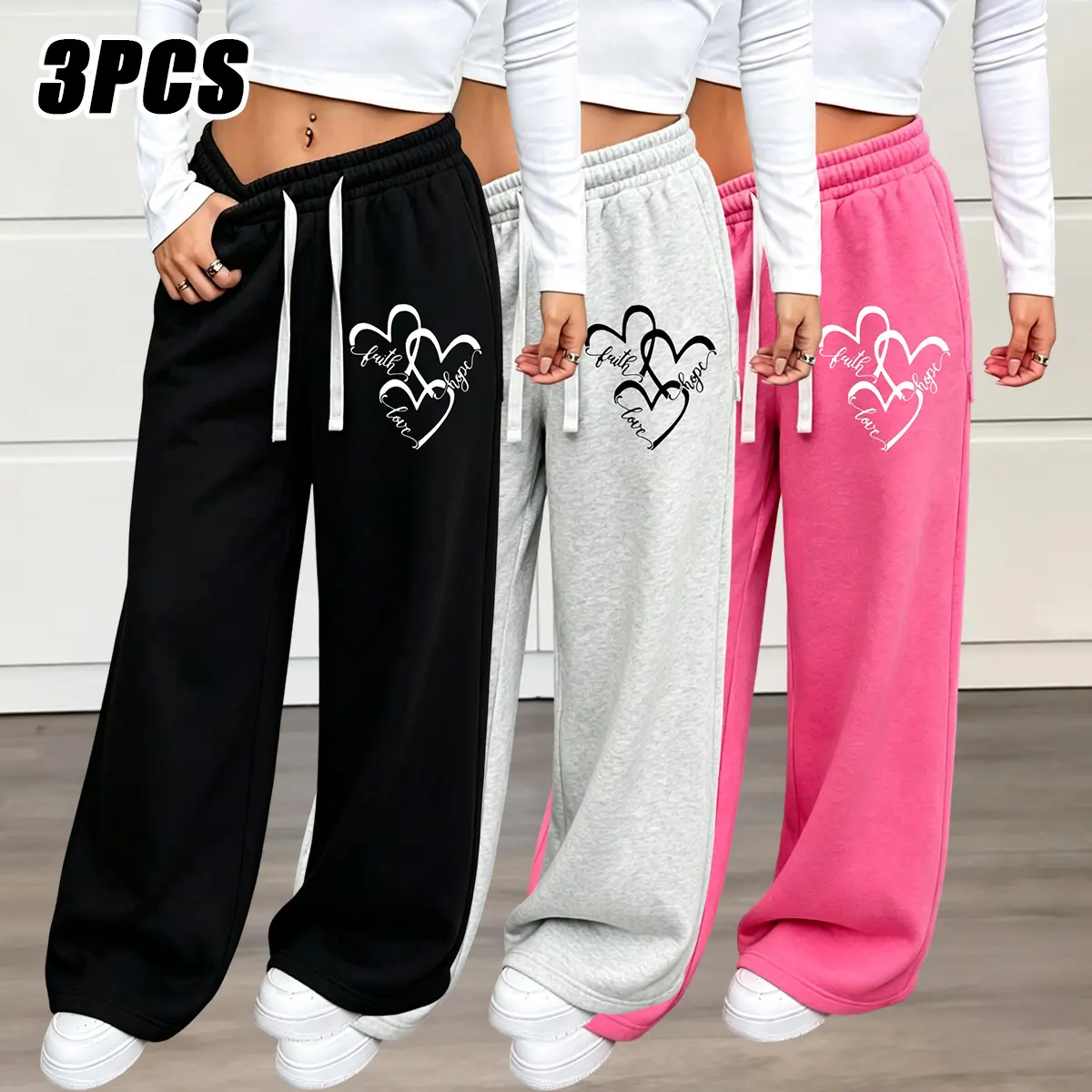 Women’s 3-pack minimalist sweatpants featuring overlapping heart prints with “Faith,” “Hope,” and “Love”; loose fit made from breathable cotton fabric for long-lasting comfort.The drawstring waist allows you to adjust the tightness according to personal p