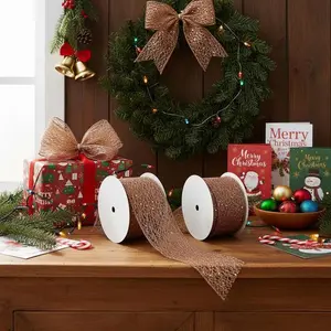 2.5inch 10Yards/rollChristmas Shiny Bow Ribbon, Champagne Metallic Mesh Wired Ribbon, Suitable for Home Decoration/DIY Craft/Wreath/Christmas Tree Decoration/Wedding Decoration, Warm Atmosphere Matching