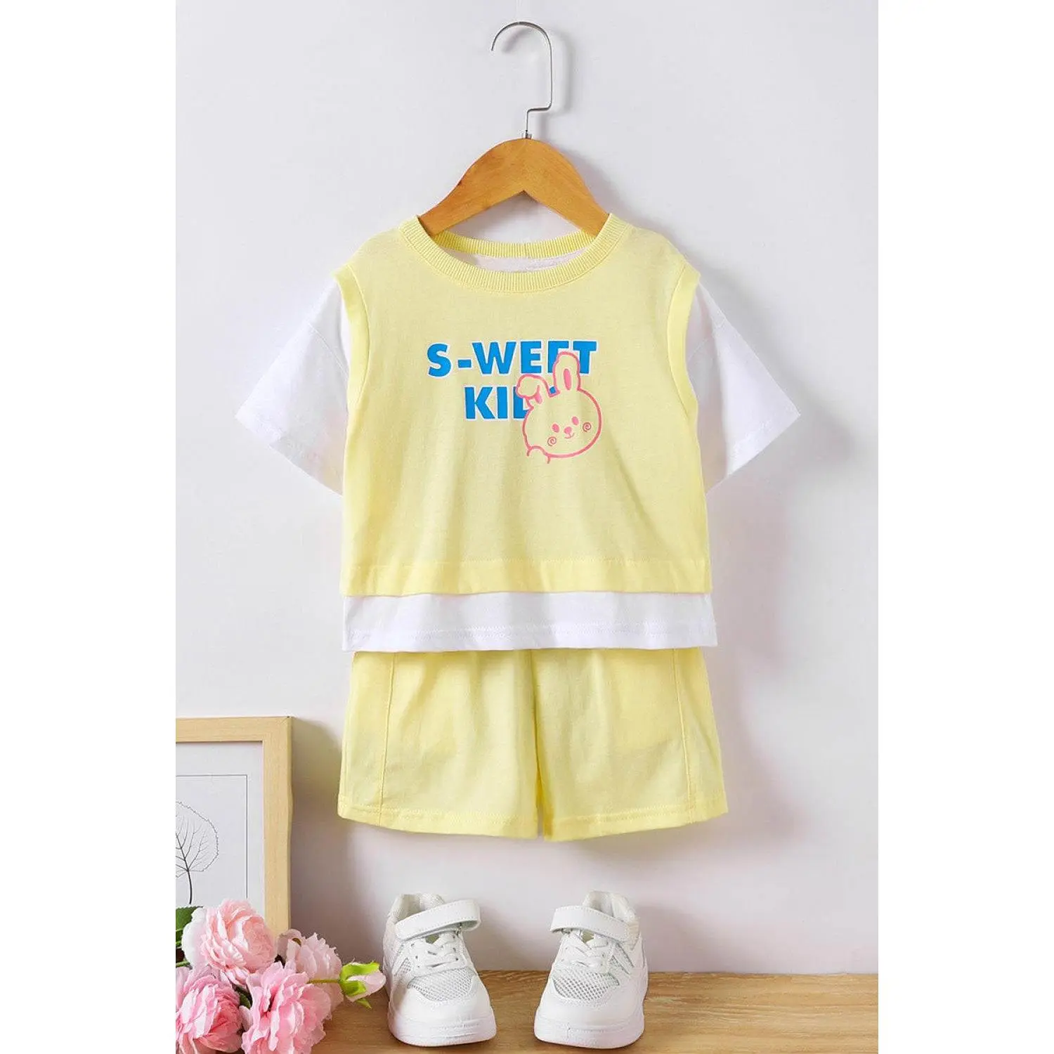 Rabbit Graphic Top and Elastic Waist Shorts Set