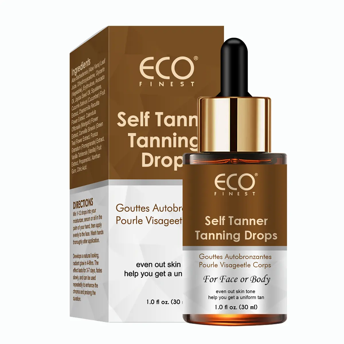Self Tanning Drops with natural, organic ingredients. Medium face tanning drops to add to lotion. Moisturizing, toxin-free bronzing for face & body. Perfect for a natural fake tan. Moisturizer