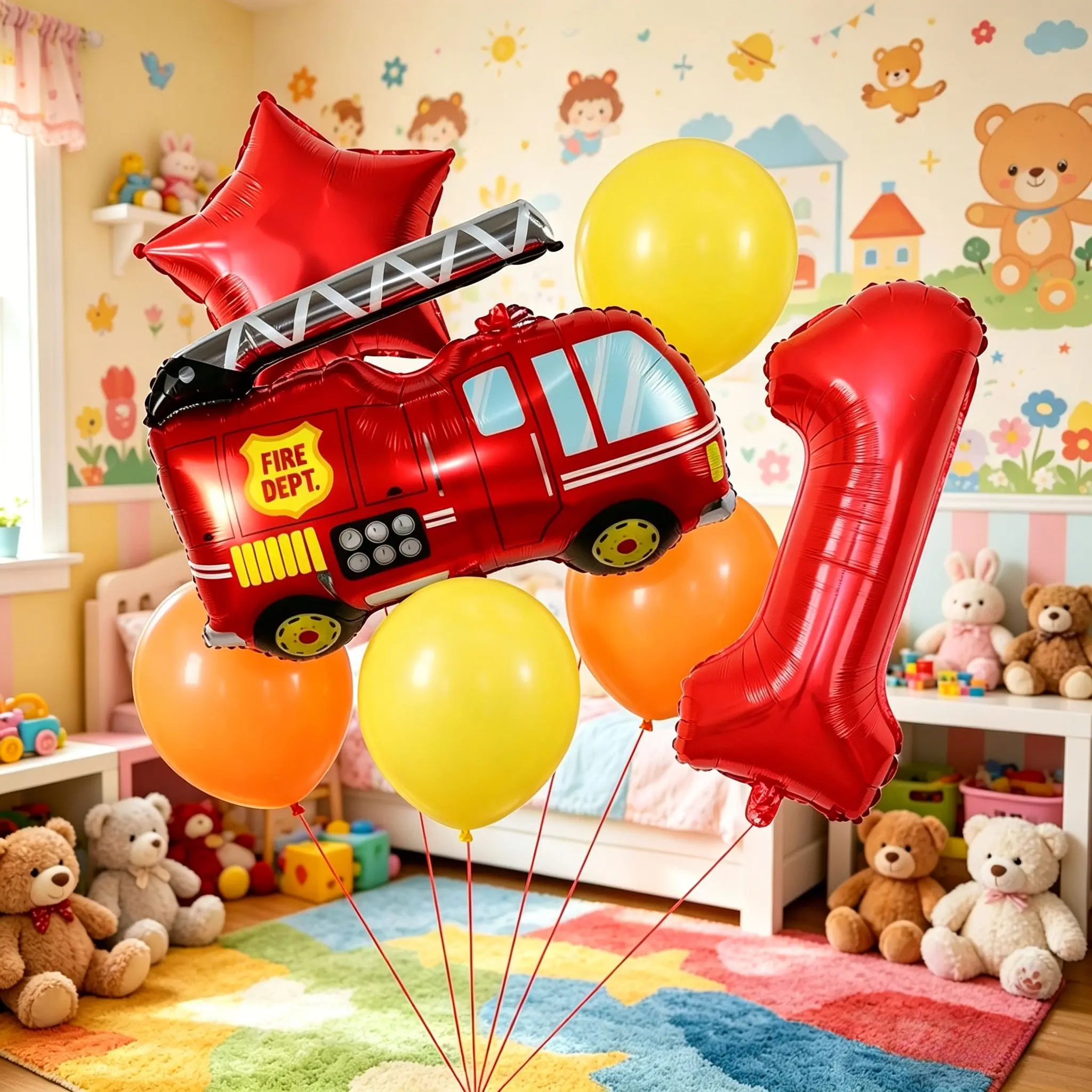 9-Piece Cartoon Fire Truck Theme Number Balloons Set, 32-Inch Numbers 0-9, Latex Balloons, Kids Birthday Party Decor
