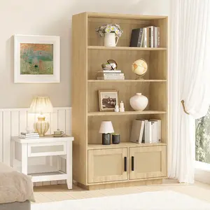 5 Tier Bookshelf, Boho Bookcase with Rattan Doors, Wooden Bookcase and Bookshelf with Storage, Tall Book Stand, Large Bookshelf for Living Room, Bedroom, Home Office, Kitchen