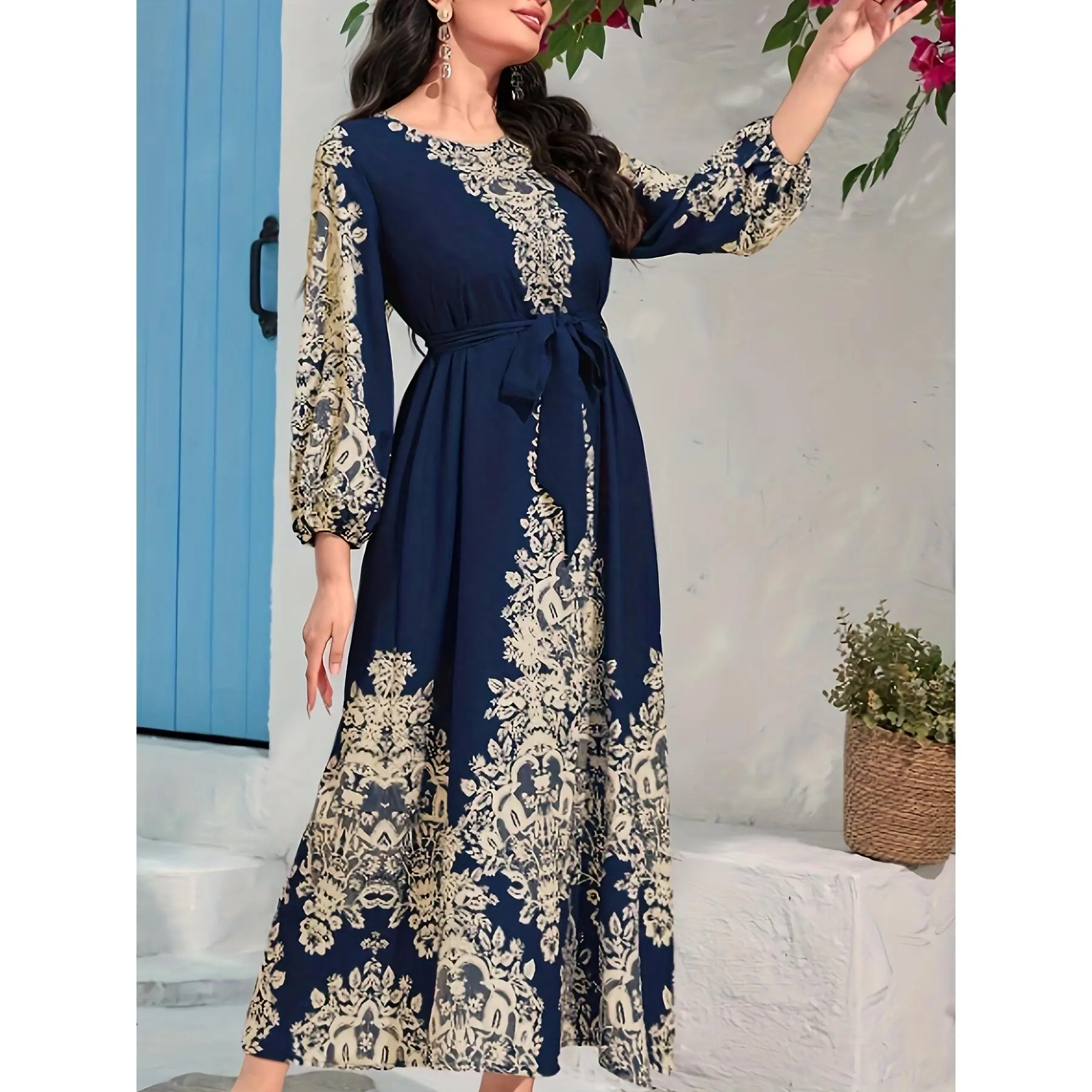 Women's Elegant Ethnic Print Lantern Sleeve Tie-Waist Maxi Kaftan Dress, Casual Womenswear, Ethnic Print Kaftan
