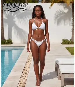 Briza｜Haltered Crochet Lace Up Bikini Set for Women Triangle Top with Shell Accents Tie Side Brazilian Bottoms White Two Piece Bathing Suit Summer Beach Swimwear, Women's Swimwear, Bathing Suit for Women, Halter Neck, Resort Cruise Beachwear