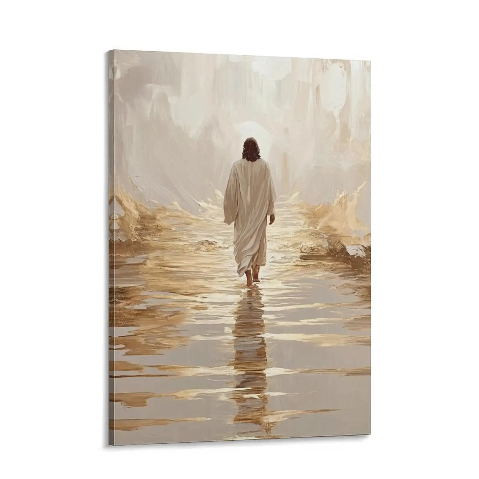 Neutral Tone Jesus Walking on Water   - Modern Christian   Minimalist Spiritual    – Walking Figure in Light, Neutral Home Decor Serene Walking Figure   – Soft Light Landscape   for Living Room or Bedroom t wall art print canvas