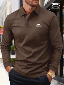 Men's Plus Size Solid Long Sleeve Polo Shirt, High-End Fashion Fabric, Casual Sports Leisure Wear, All Seasons, Slazenger Print