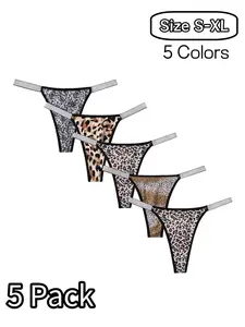 Women's Leopard Print Thong Panties, Drop Waist Sparkling Belt Design, Elegant Seamless Elastic Underwear, All-Seasons Daily Wear, 5-Pack