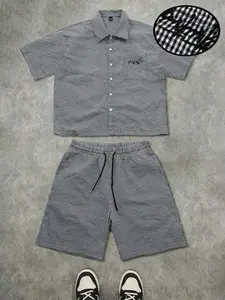 Summer Men's Plaid Bubble Satin Short Sleeve Shirt and Shorts Set, Menswear Casual Fitted Top, Breathable Drawstring Gym Shorts, Youth Trendy, Clothes