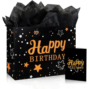 Happy Birthday Gift Bag with Tissue Paper, Candy Cookies Gift Present Bags for Girls Kids Women Birthday (Black, 13" Large)