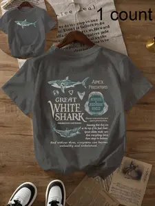 Women's Cartoon Shark Print Round Neck Tee, Fashion Casual Short Sleeve T-shirt, Ladies Summer Clothes for Daily Wear