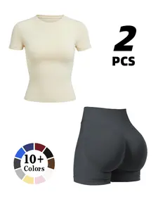 Women's trendy versatile sports short sleeve set, gym wear, slim-fit slimming short sleeve and high-waist hip-lifting shorts set, outdoor sports tennis outfit, yoga and Pilates fitness set, Fitness Clothes, Sporty High Stretch