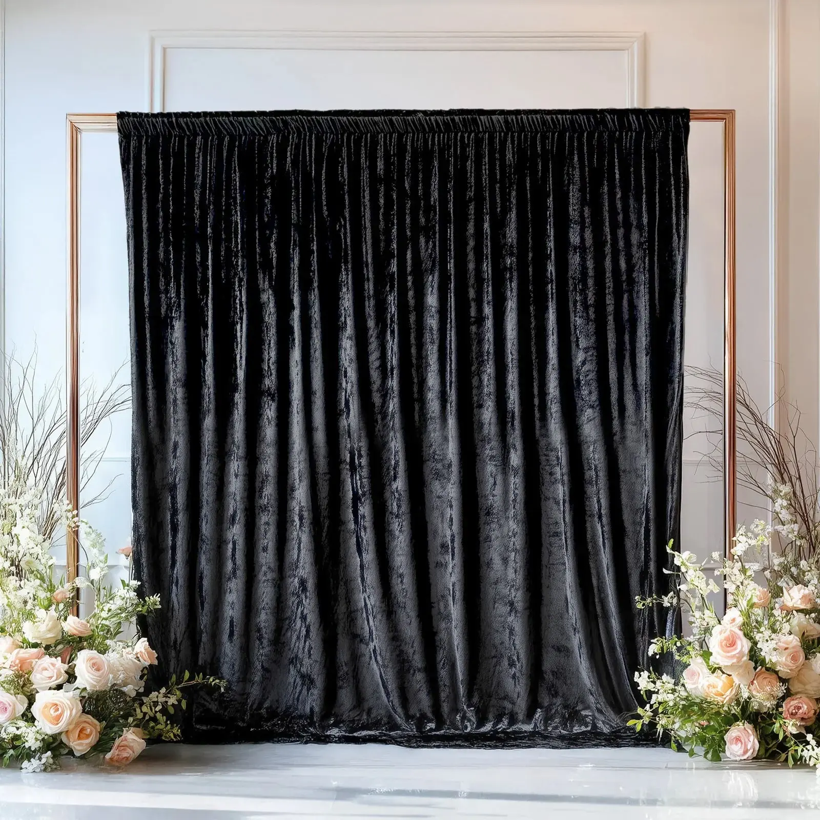 Crushed Velvet Backdrop Curtain - Black 5ft x 10ft Event Drape with Rod Pocket, 1-Side Privacy Panel for All-Seasons Holiday, Musical Events