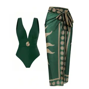 NewSwim Oasis 2pcs Women Solid Green Bandage Swimsuit & Net Printed Long Skirt Beach Vacation Swimwear Set