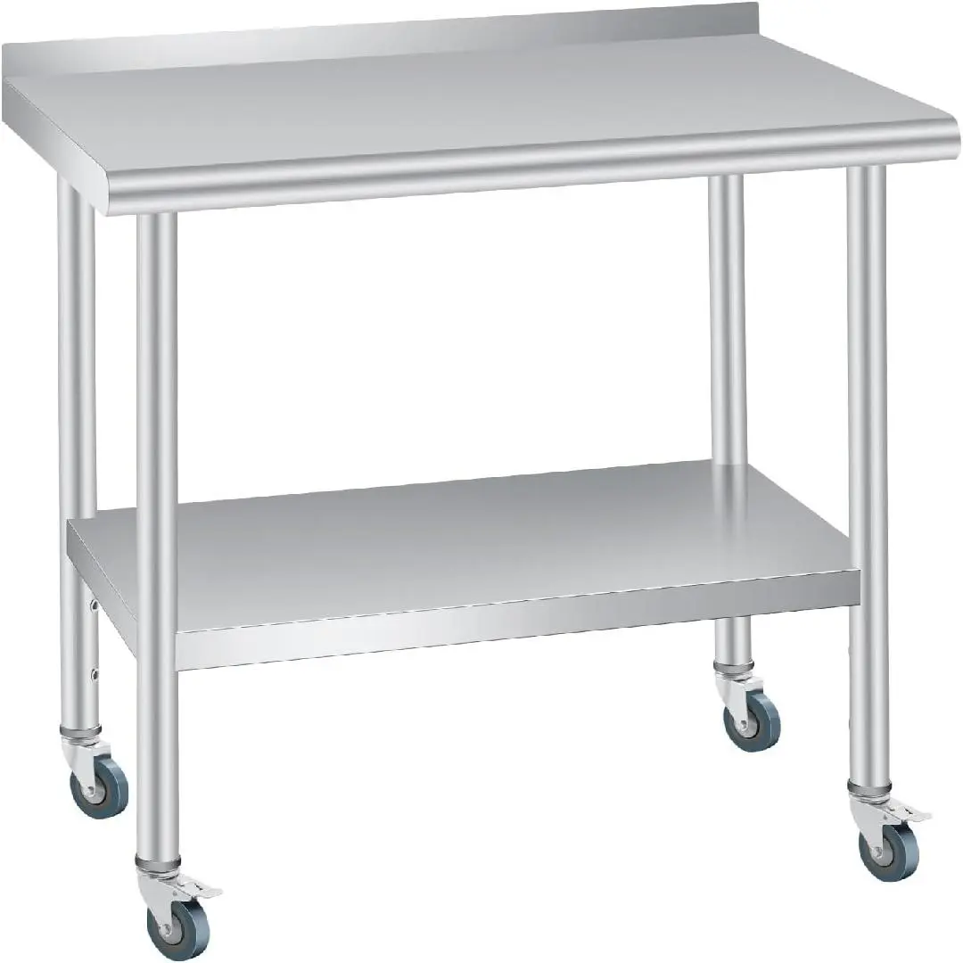Commercial Stainless Steel Prep Work Table with Smooth Backsplash, Adjustable Shelf, 4 Caster Wheels for Kitchen, Restaurant-B