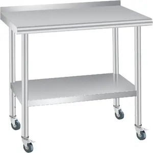 Stainless Steel Table Commercial Prep Work Table with Backsplash Adjustable Shelf 4 Caster Wheels for Kitchen Restaurant-B