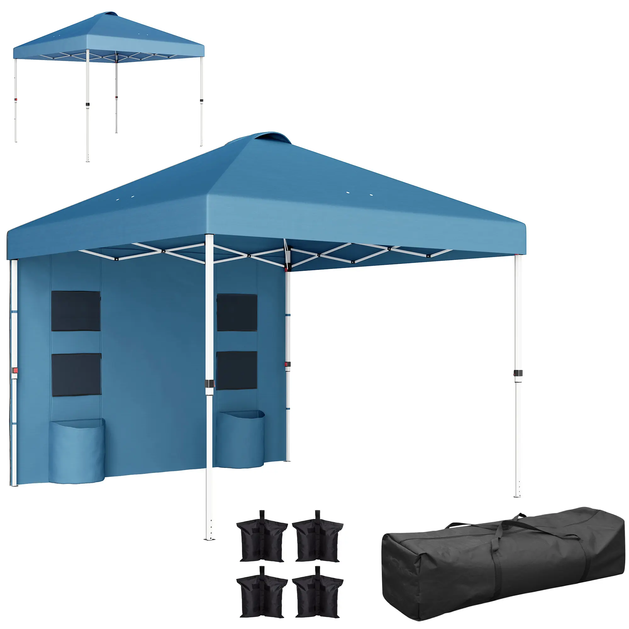 Outsunny 10'x10' Square Oxford Fabric Folding Canopy Tent, Metal Instant Outdoor Sun Shelter with Quick Setup, Sidewall, Vented Roof, Height-Adjustable Design, Storage Pockets, Carry Bag, Sandbags for Patio, Parties (Fits 6-9 People), Sea Blue