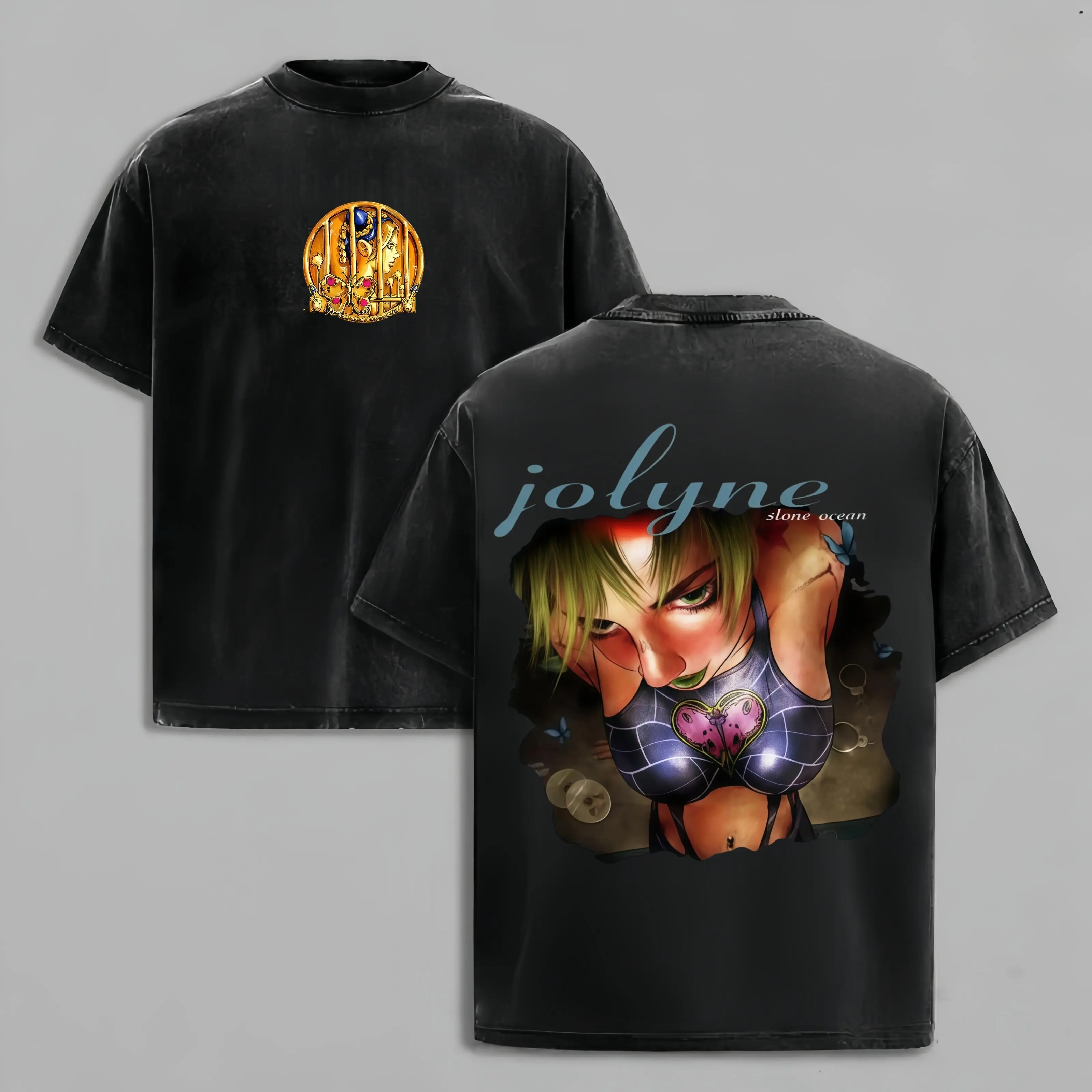 Men's Retro Anime JJBA Jolyne Kujo Stone Ocean Acid Wash Short-Sleeve Cotton T-Shirt, Fym-Fit Unisex Streetwear Top with Anime Print, Stylish Casual Shortsleeve Apparel, Fitted, Graphic, M, Xl
