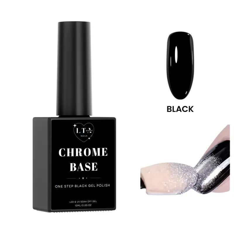 Chrome Base Gel Polish in Black - One Step Black Gel - LED UV Soak Off Formula - 15ml - Pigmented Self-Leveling Formula for Streak-Free Application